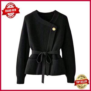 Long Sleeve Cardigan Sweater Asymmetrical Neck Belted with Pockets